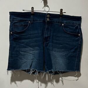 Women’s Dark Blue Distressed Denim Shorts with Frayed Hem